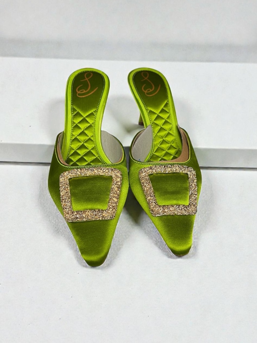 🌻NEW w/box Sam Edelman Brit Kitten Heel Mules Sycamore Green Satin Size 8